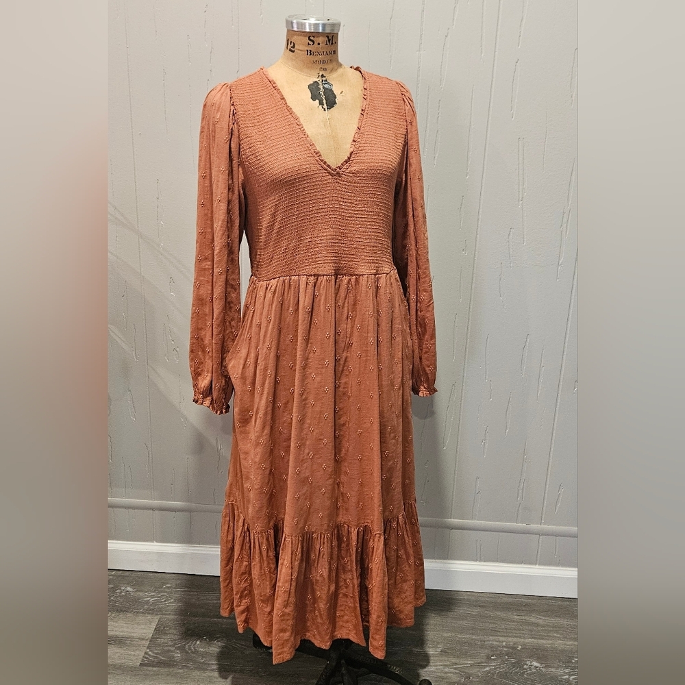 Old Navy Midi Dress In Copper Embroidery V-neck Long Sleeves Womens L NWOT